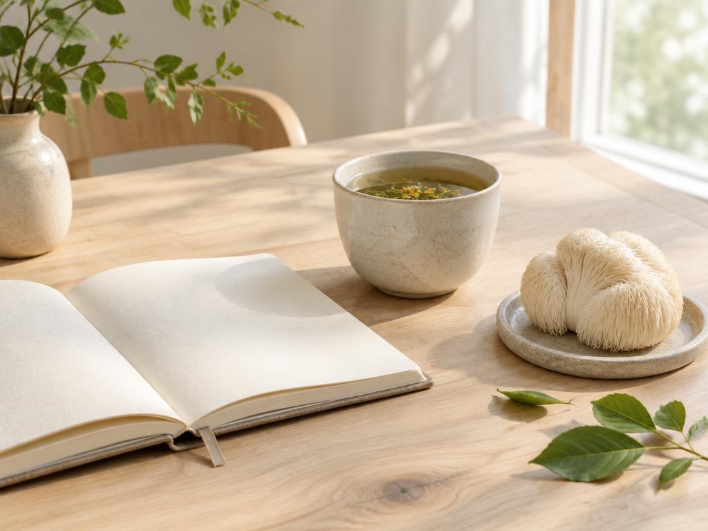 Notatbok, urtete og lion's mane-sopp på et lyst skrivebord