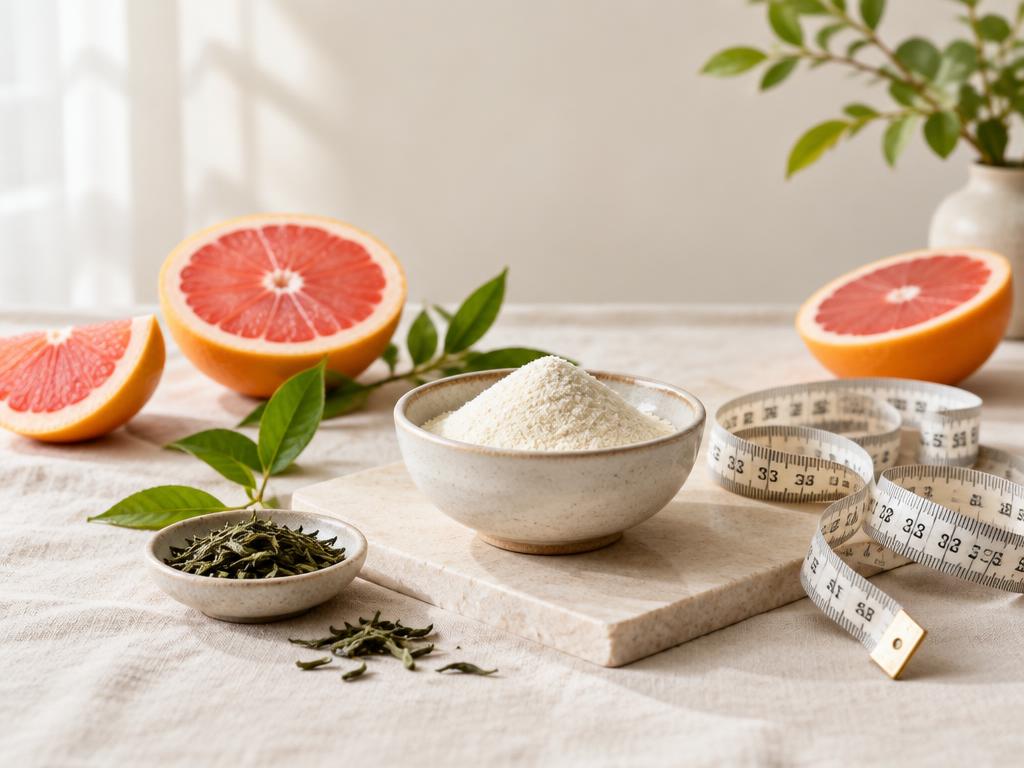Grapefrukt, grønn te og et målebånd på en lys benkeplate