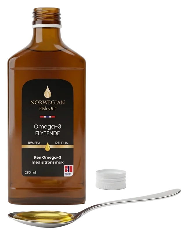 Flytende omega-3 med sitronsmak – Hjerte og hjerne – én strøken måleskje og løst pulver